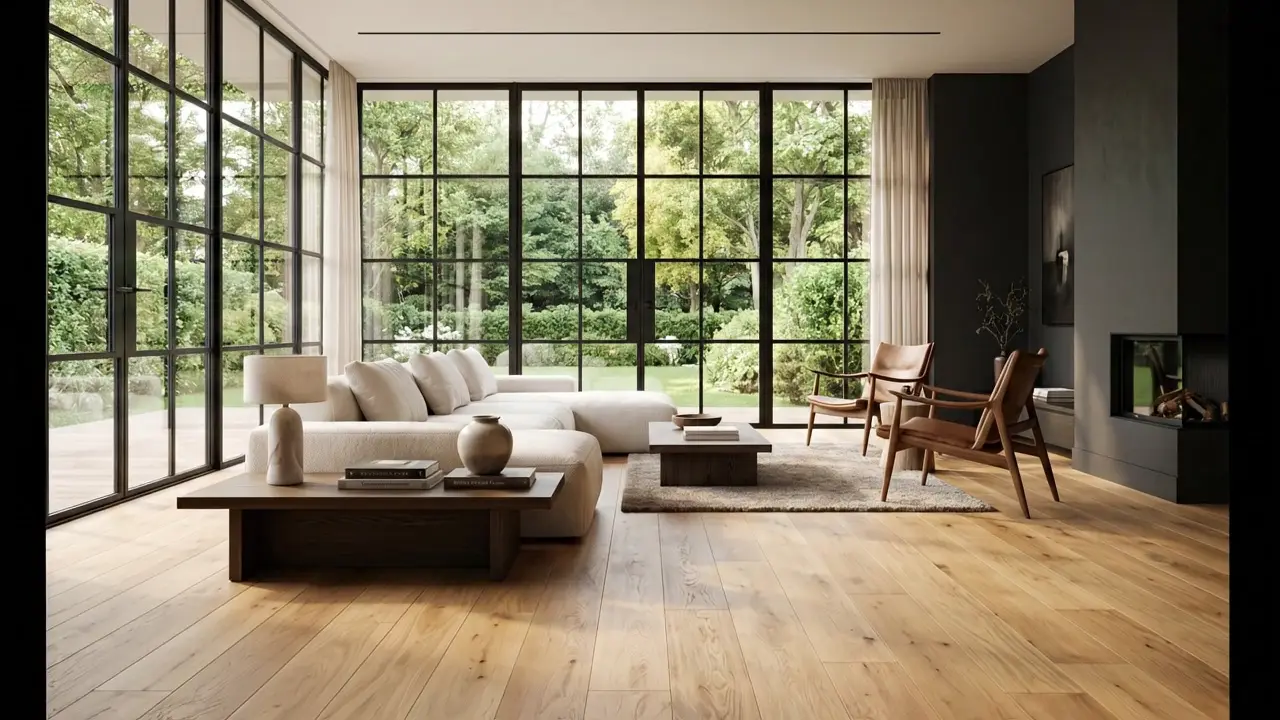 Sala amplia con piso de madera de roble y ventanales hacia el jardín